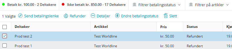 Oversikt, filter og funksjoner for betaling.