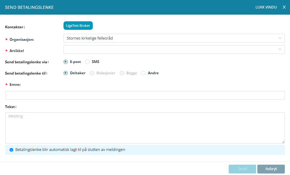 Utsendelse av betalingslenke.