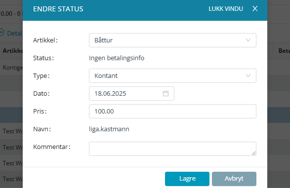'Endre status'-arbeidsflate.