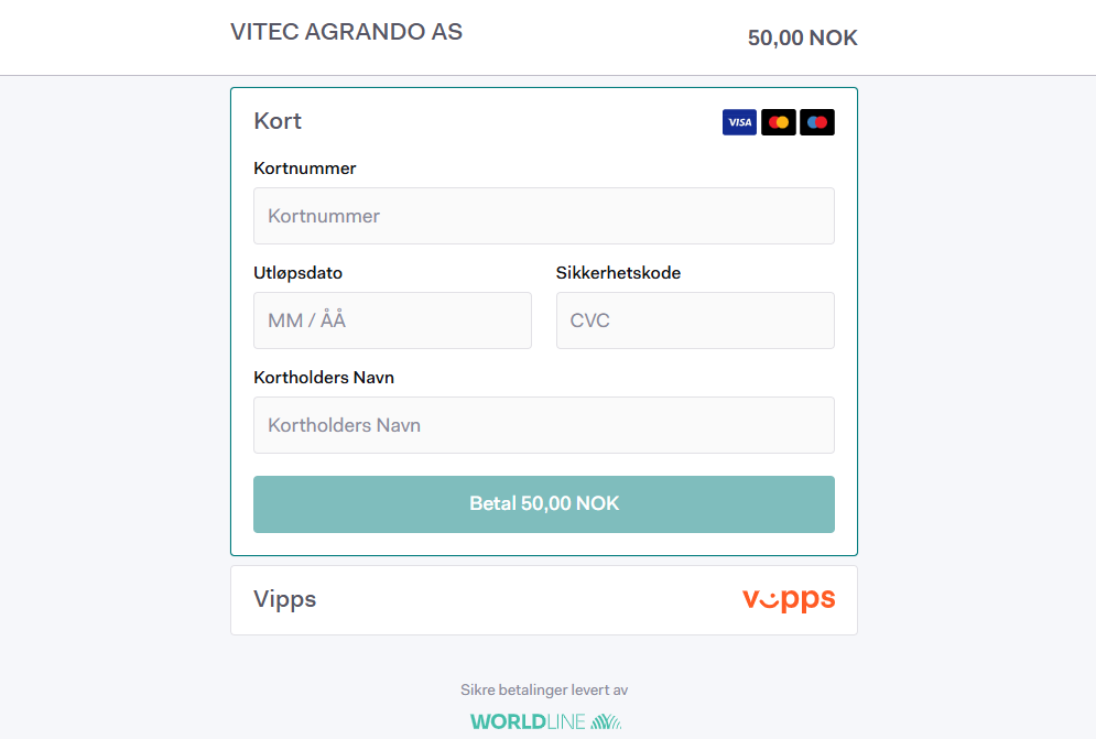 Valg mellom betaling med kort eller Vipps.