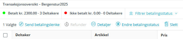 Oversikt, filter og funksjoner for betaling.
