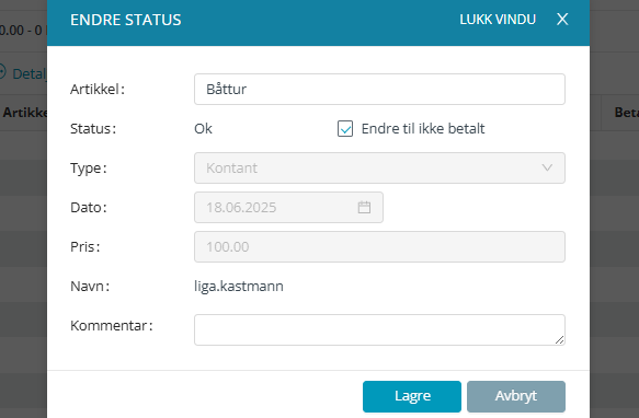 'Endre status'-arbeidsflate.