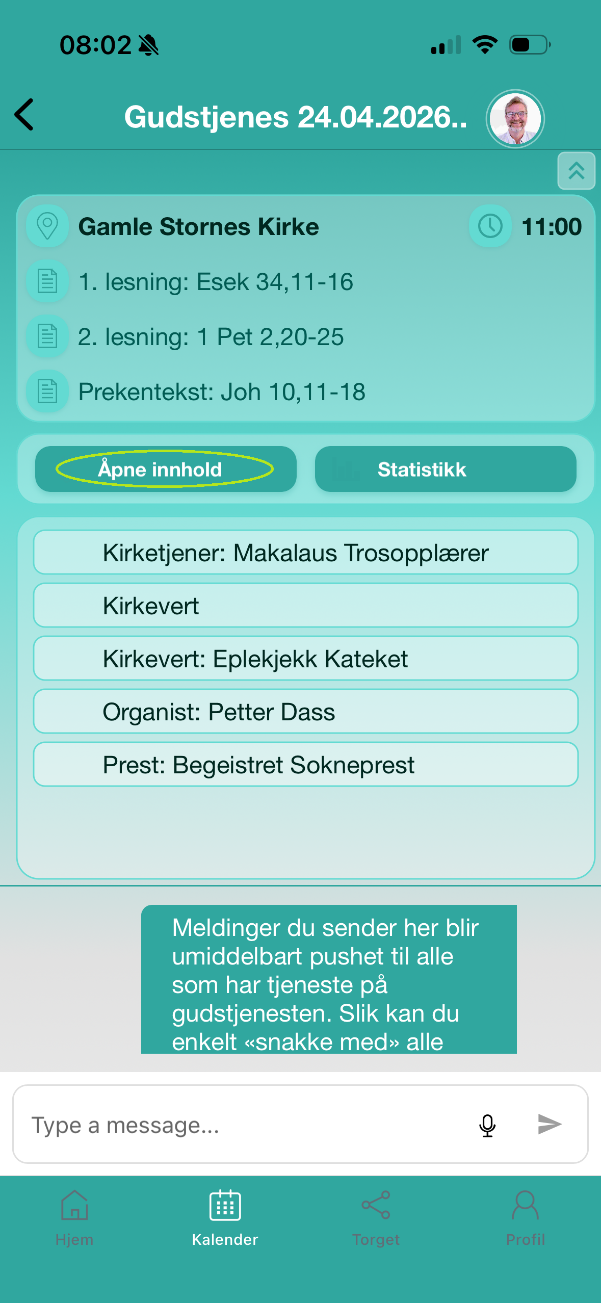 Åpnet gudstjeneste med 'Åpne innhold'.