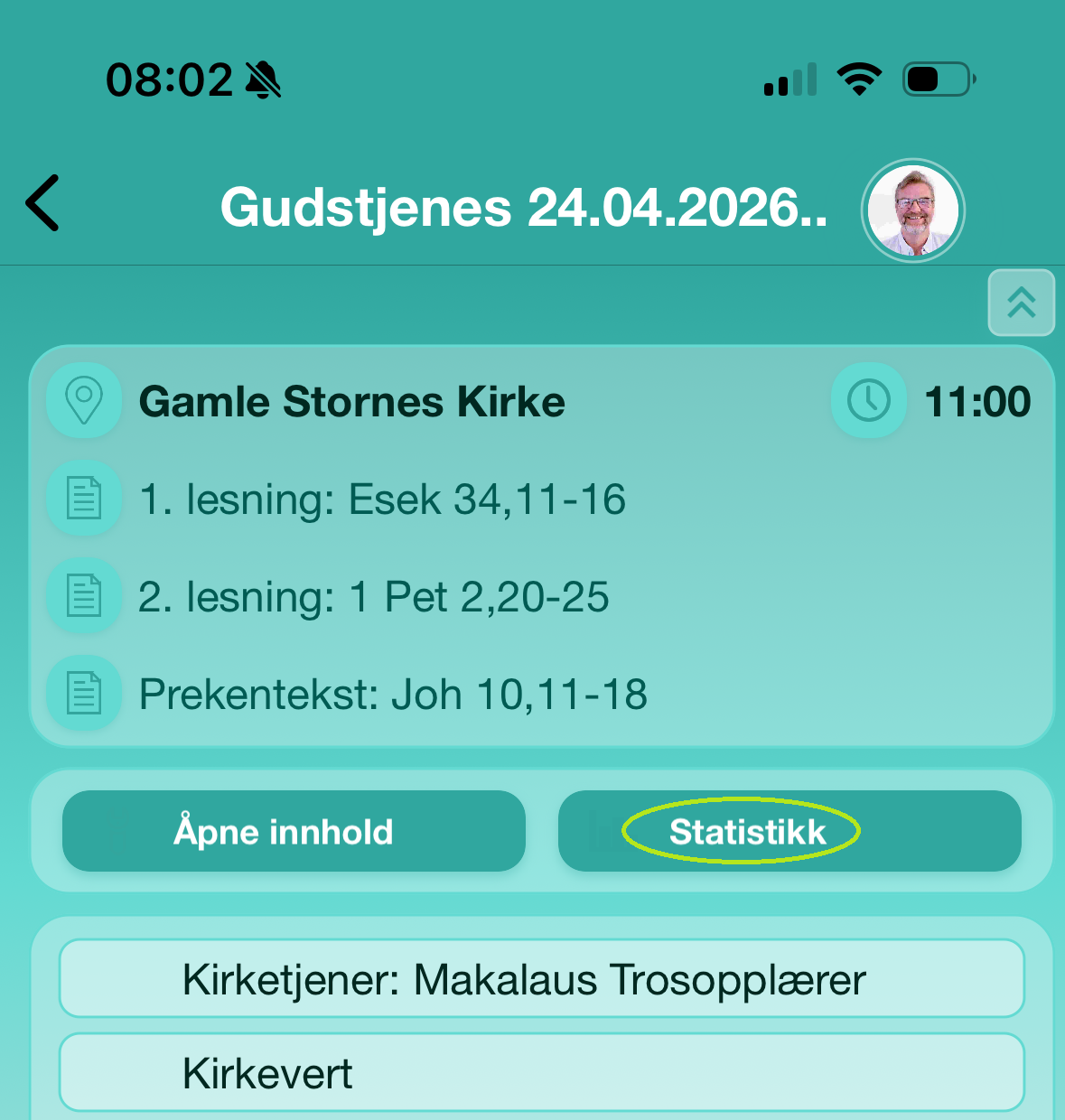 Gudstjeneste med 'Statistikk'.