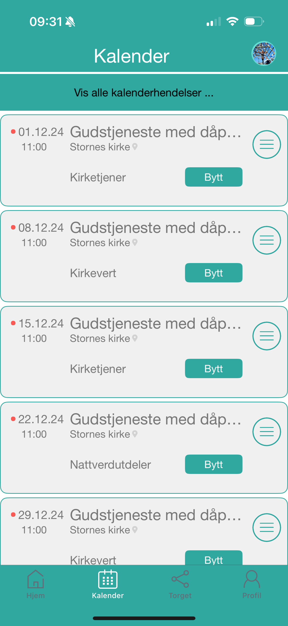 Kalender med tjenesteoversikt.
