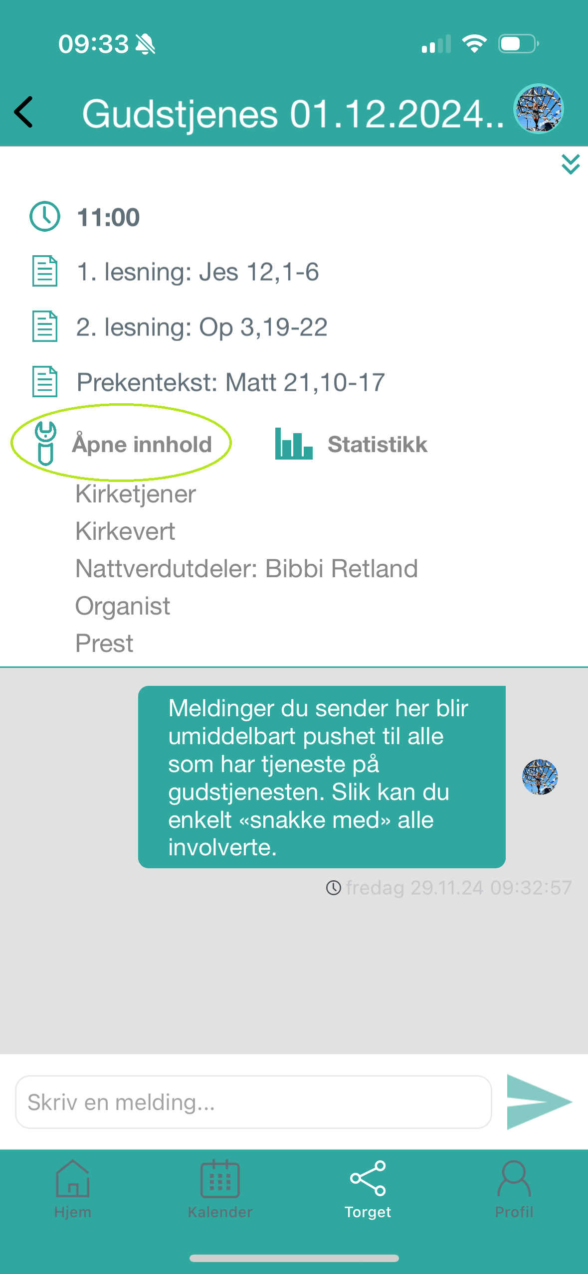 Åpnet gudstjeneste med 'Åpne innhold'.