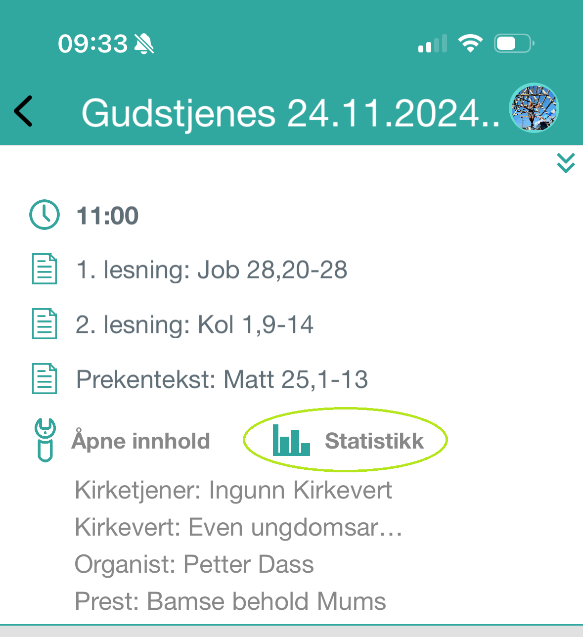 Gudstjeneste med 'Statistikk'.