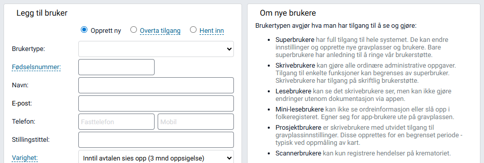 Arbeidsflate for opprettelse av ny bruker.