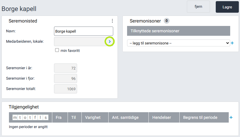 Redigering av seremonisted med feltet 'Medarbeideren, lokale'.