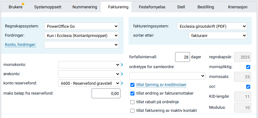 Fanen 'Fakturering' i Globale innstillinger.