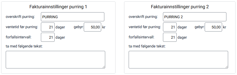 Innstillinger for purring 1 og purring 2.