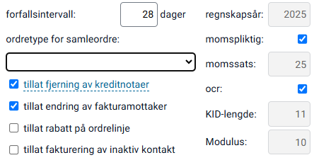 Flere innstillinger for fakturering.