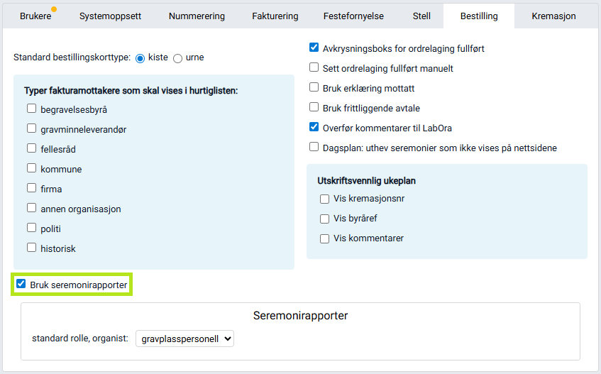 Globale innstillinger med fanen 'Bestilling'.
