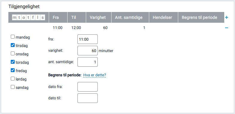 Registrerte seremonitider for et seremonisted.