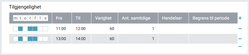 Oversikt over flere seremonitider i 'Tilgjengelighet'.