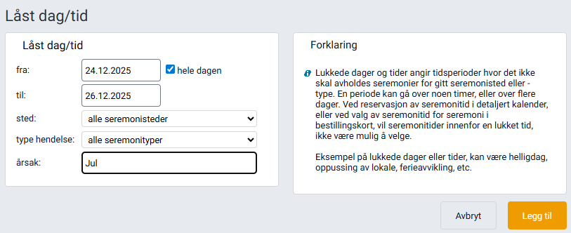 Dialog for å legge til låste dager og tider.