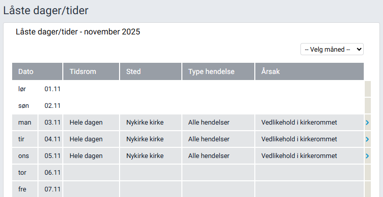 Oversikt over registrerte låste dager og tider.