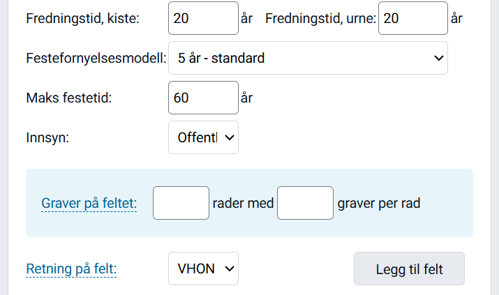 Valg for oppsett av felt.