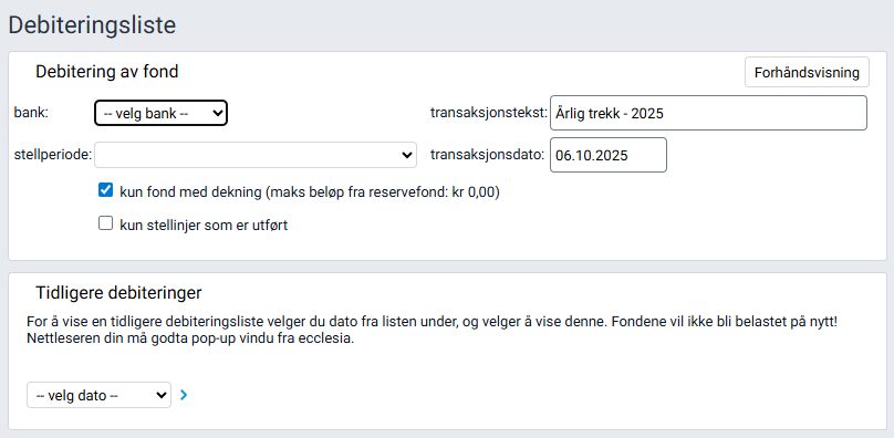 Arbeidsflaten 'Debiteringsliste'.