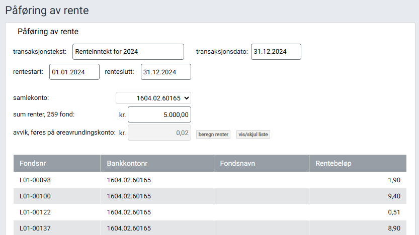 Arbeidsflaten 'Påføring av rente'.