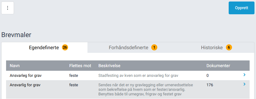 Liste over tilgjengelige brevmaler.