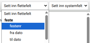 Meny med tilgjengelige flettefelt.