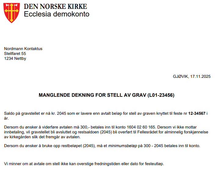 Forhåndsvisning av brev med eksempeldata.