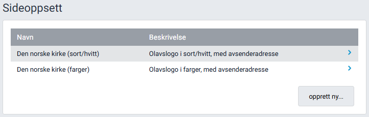 Liste over eksisterende sideoppsett.