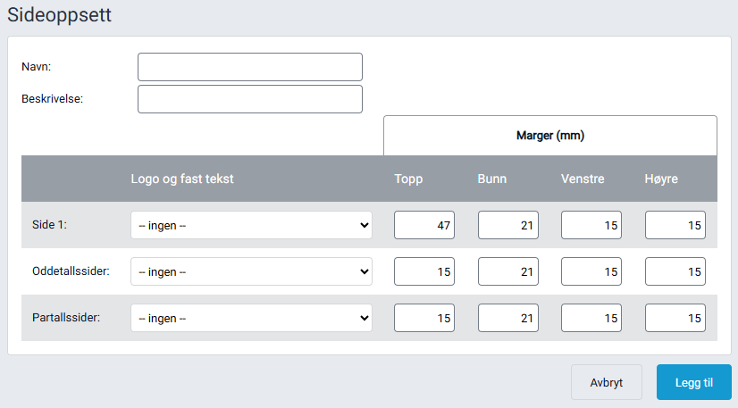 Arbeidsflate for å opprette et nytt sideoppsett.