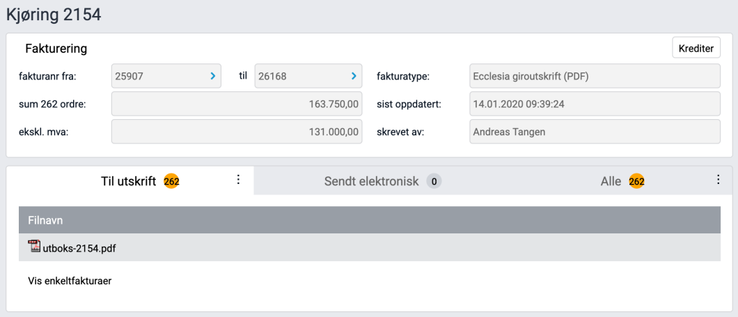 Visning av faner under fakturakjøring.