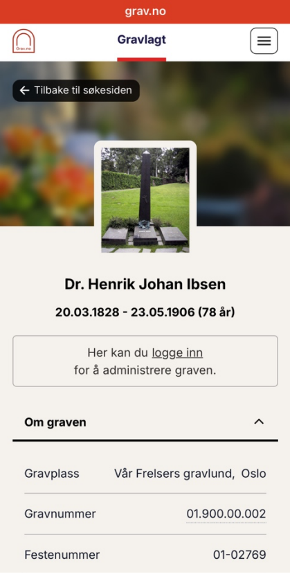 Visning av gravinformasjon på grav.no.