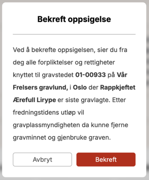 Bekreftelse av oppsigelse på grav.no.