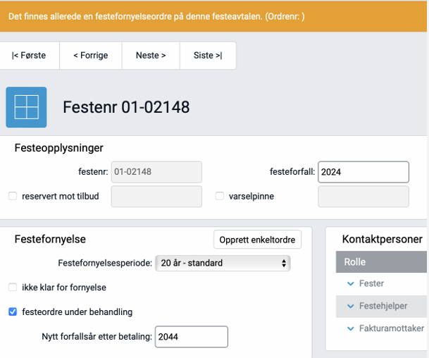 Varsel om at en festefornyelsesordre allerede finnes.