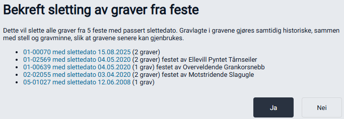 Dialog for sletting av graver fra feste.
