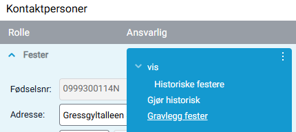 Valget «Gravlegg fester» i menyen for kontaktpersoner.