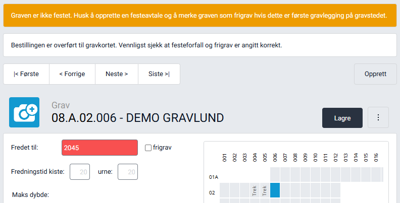 Nylig opprettet gravkort etter overføring.