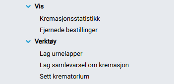 Funksjonsmeny for bestillingskort.