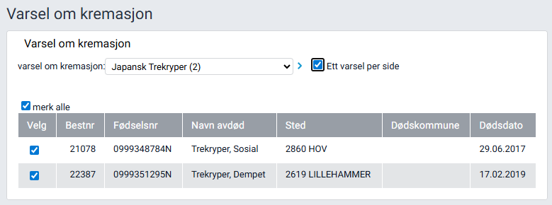 Arbeidsflaten 'Varsel om kremasjon'.