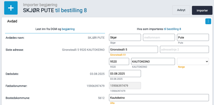 Eksisterende bestilling.