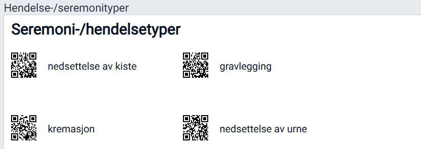 QR-koder for ulike hendelser.