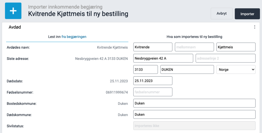 Import av innkommende begjæring.