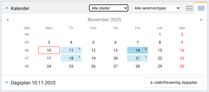 Kalender i månedsvisning.