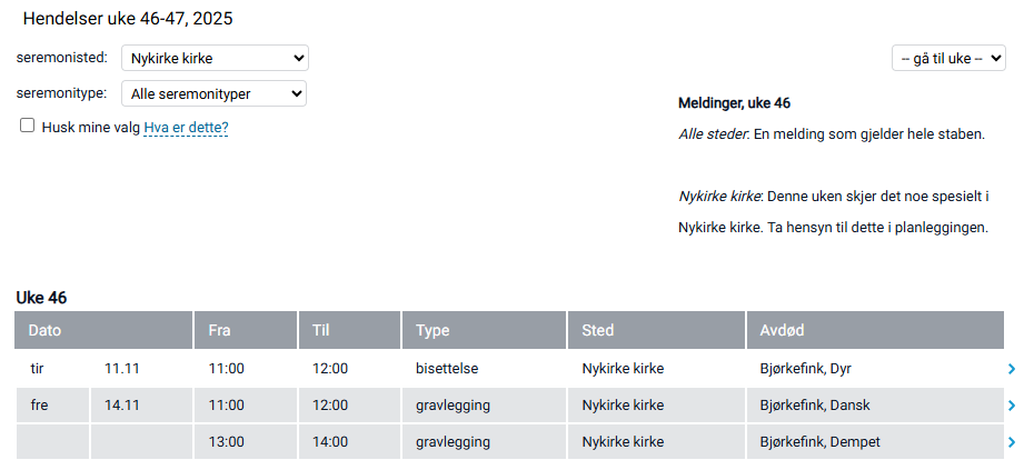 Meldinger vist i detaljert ukeplan.