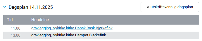 Dagsplan med liste over hendelser.