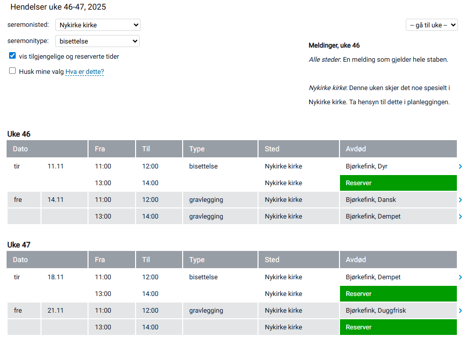 Detaljert ukeplan med tilgjengelige og reserverte seremonitider.