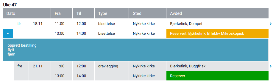Visning av reservert seremonitid.