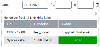 Liste over tilgjengelige seremonitider.