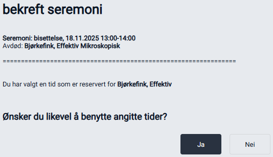 Bekreftelse av valgt reservasjon.
