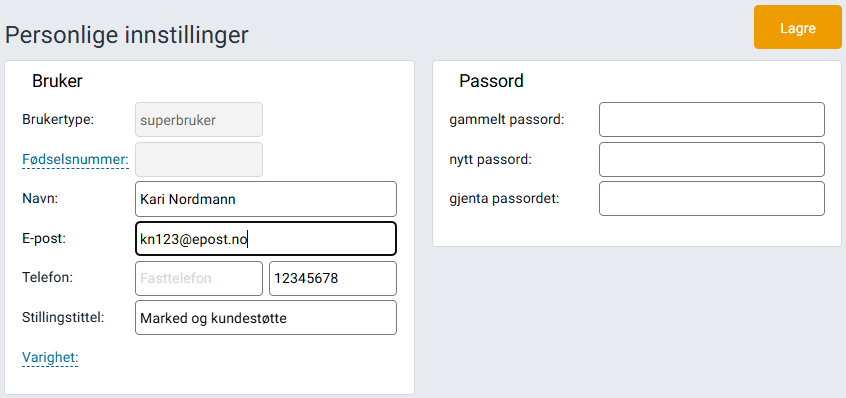 Innstillinger for bruker og passord.