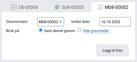 Gravminnefelt med boltedato og bildevalg.